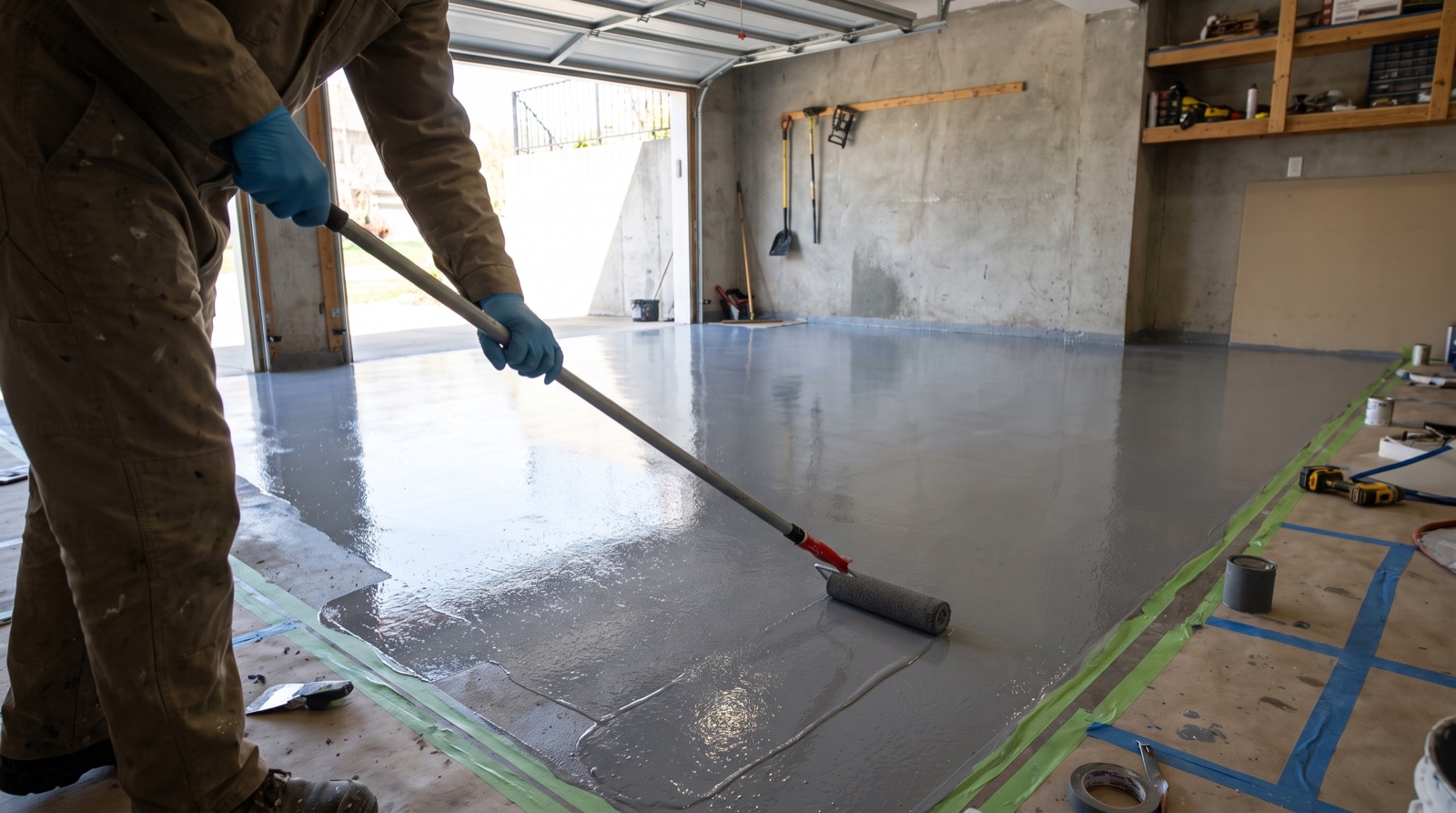 Epoxy coating being applied to a garage floor