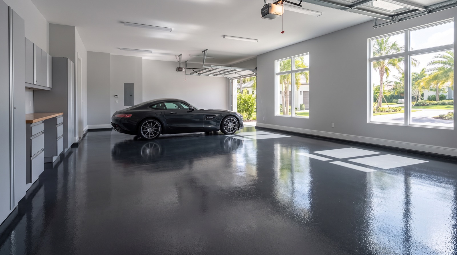 Glossy coated garage floor
